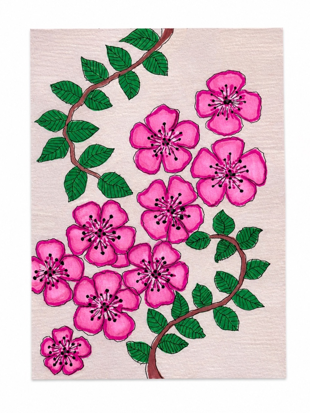 Original Japans Flowers Floral Vine Artwork Handmade Drawing Botanical Wall Art